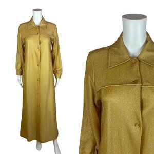 Vintage 70s Lamé Dress Women's Medium Gold Metallic Hostess Maxi Glam Button Dow